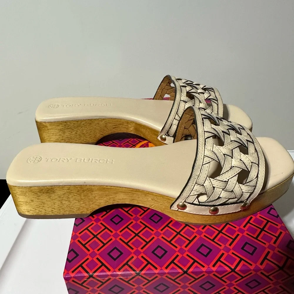 NWT tory Burch basket weave clog women’s leather healed cream tan - Picture 3 of 6